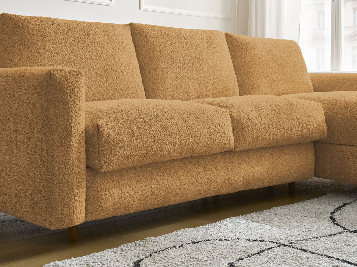Bobochic Cocoone Ecksofa mit Schlaffunktion und Bettkasten Bouclé-Stoff Gelb, Liegefläche 140 × 200 cm