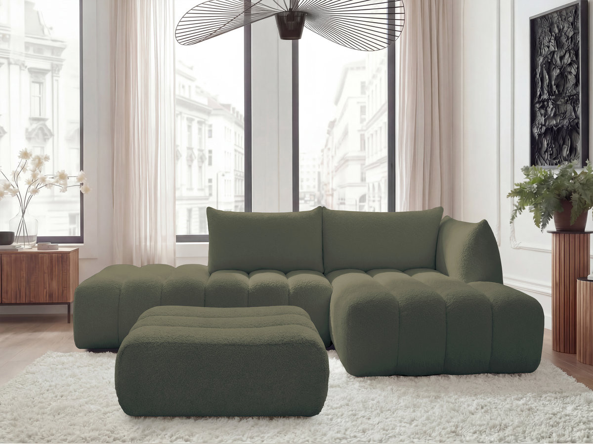 Bobochic Azra Ecksofa mit Pouf 319 × 178 cm Bouclé-Stoff Grün Ecke rechts