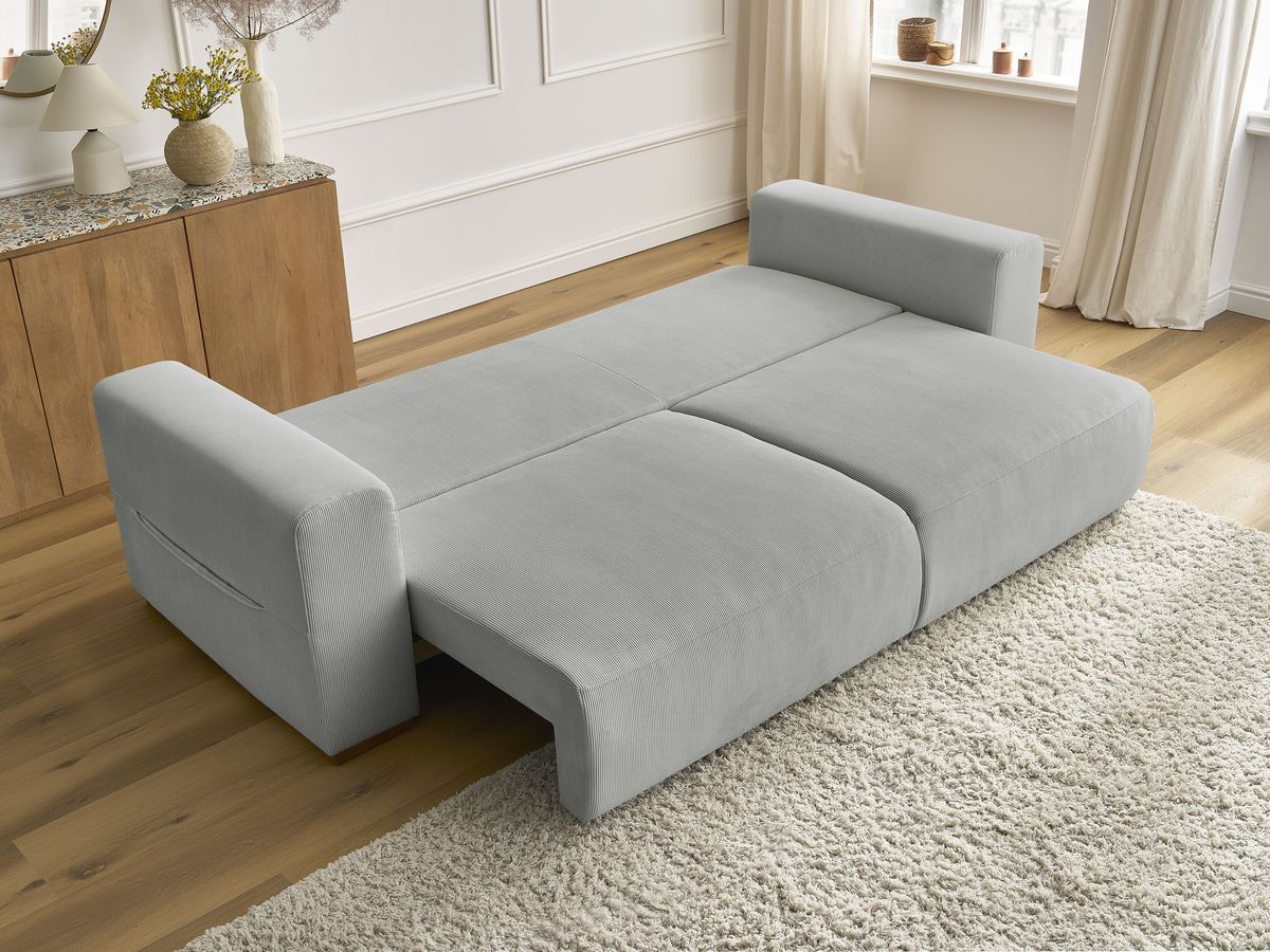 Bobochic Sidonie Schlafsofa 3-Sitzer mit Bettkasten Cordsamt Hellgrau