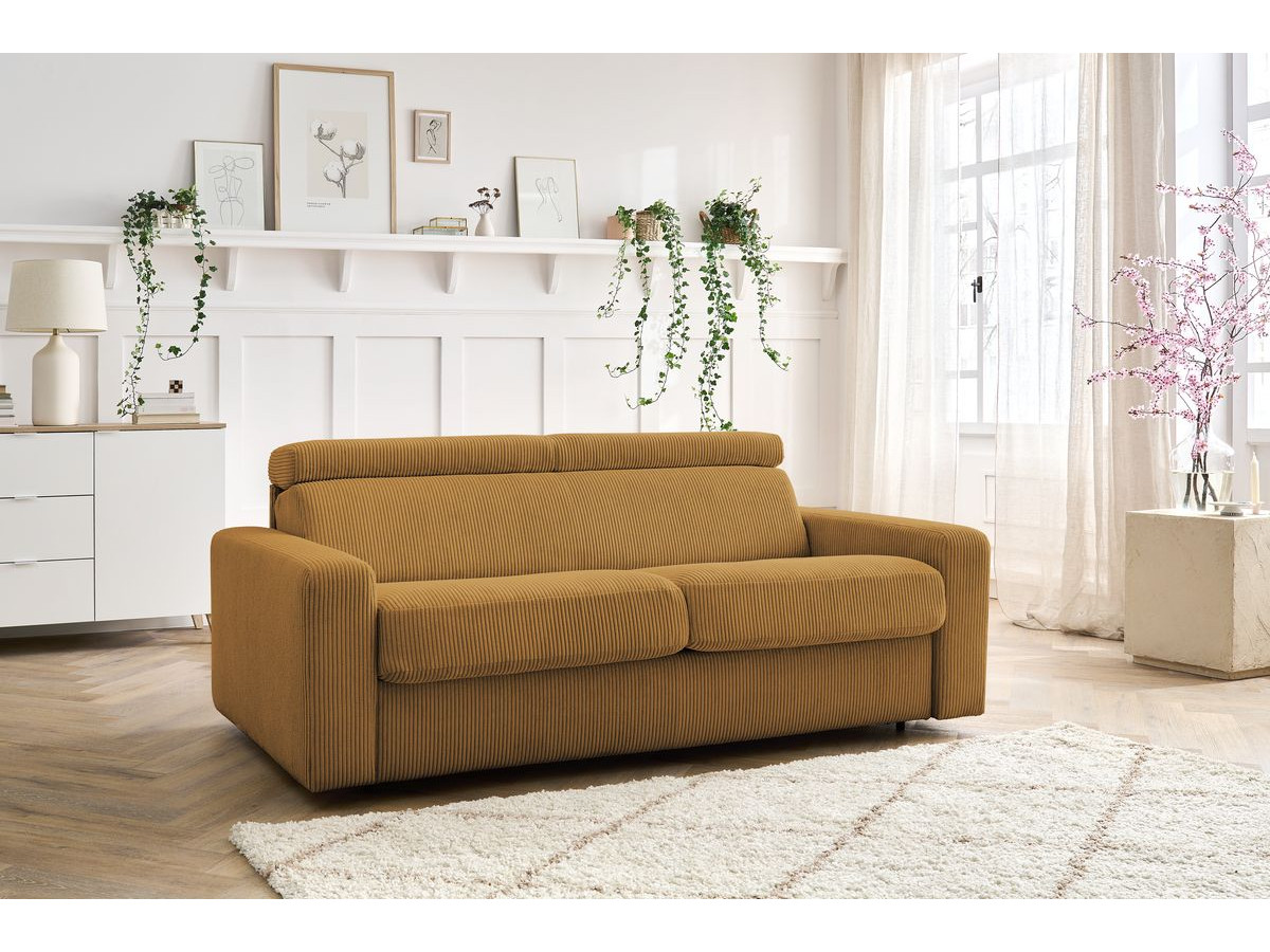 Bobochic Monaco Schlafsofa 3-Sitzer Cordsamt Gelb, Liegefläche 140 × 190 cm