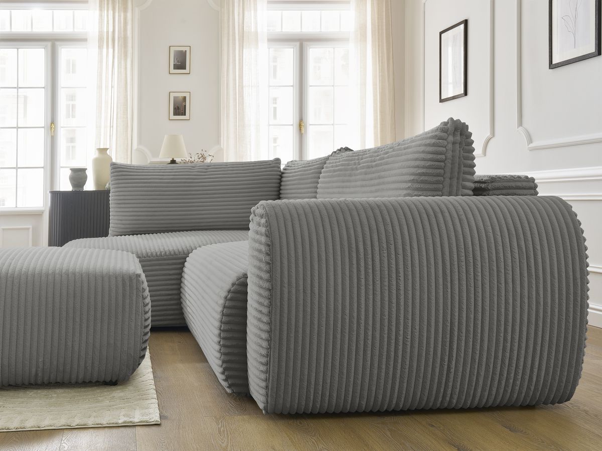 Bobochic Lucien Ecksofa mit Schlaffunktion und Bettkasten und Pouf 296 × 198 cm Breitcord weich Dunkelgrau Ecke links