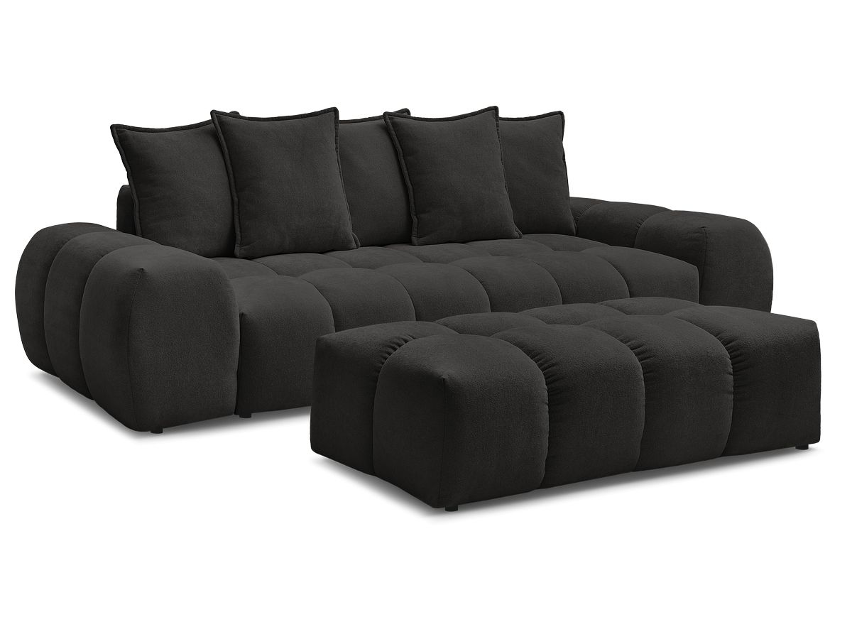 Bobochic Everest Schlafsofa 3-Sitzer mit Bettkasten und Pouf, 5 Kissen Strukturstoff Schwarz