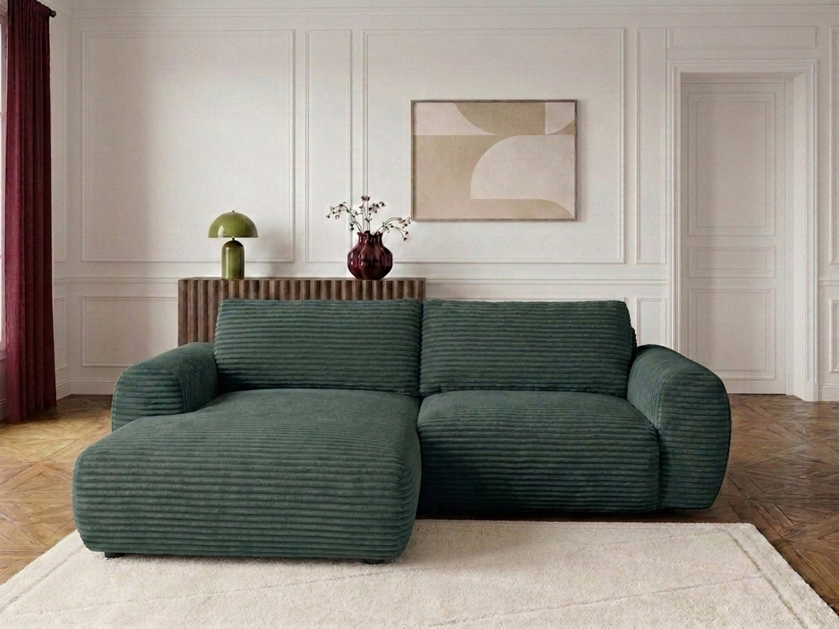 Bobochic Lucien Ecksofa mit Schlaffunktion und Bettkasten Breitcord weich Grün Ecke links