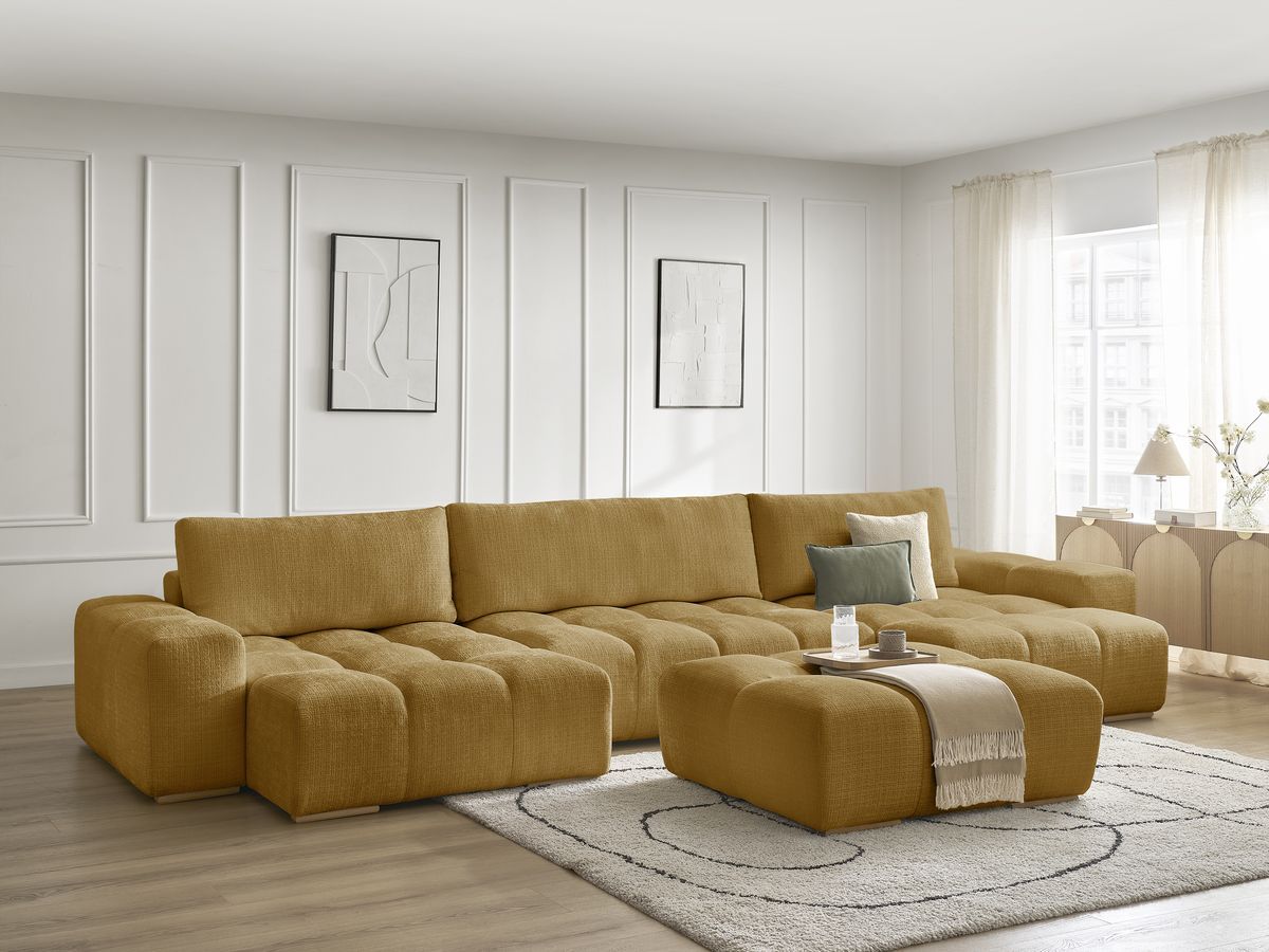 Bobochic Anakin Wohnlandschaft mit Pouf, 3 Kissen Strukturstoff Gelb