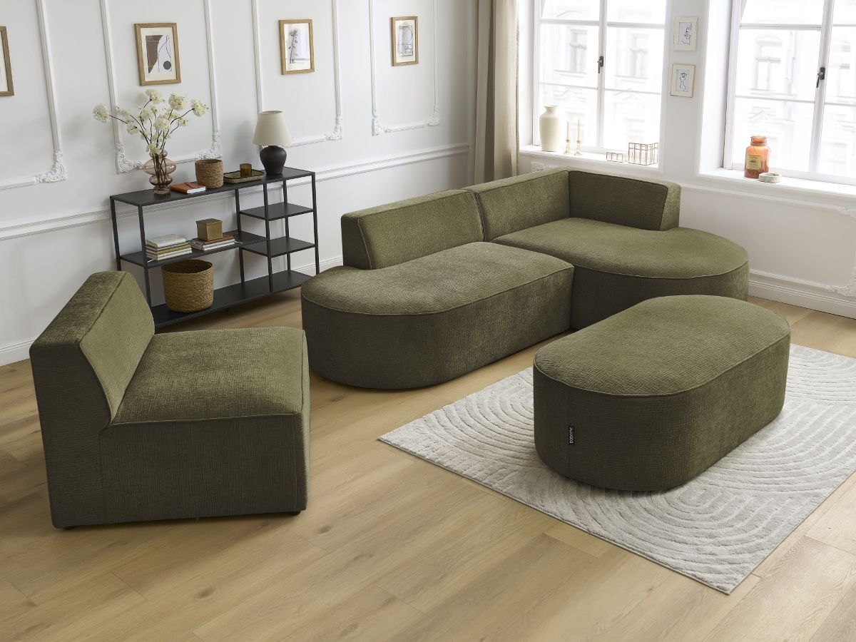 Bobochic Rousseau Ecksofa mit Sofamodul und Pouf Strukturstoff Grün Ecke rechts