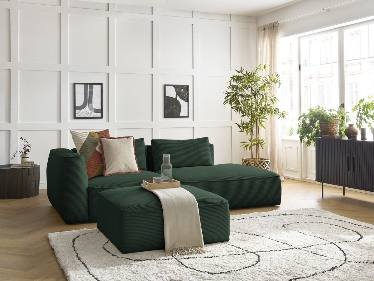 Bobochic Leopold Sofa 4-Sitzer mit Pouf Cordsamt Dunkelgrün Armlehne links
