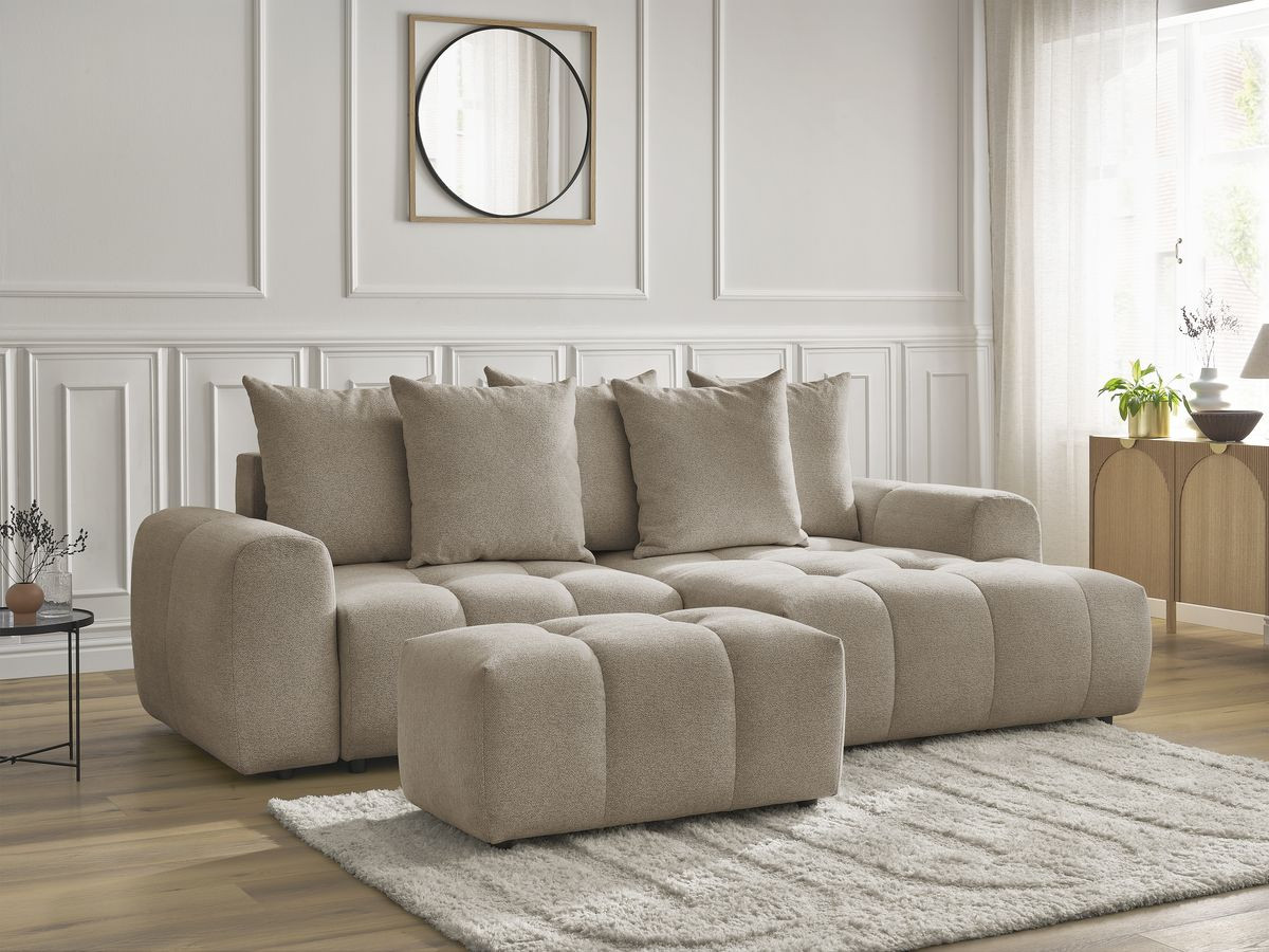 Bobochic Roxelane Ecksofa mit Schlaffunktion und Bettkasten und Pouf 258 × 150 cm Melange-Stoff Taupe Ecke rechts