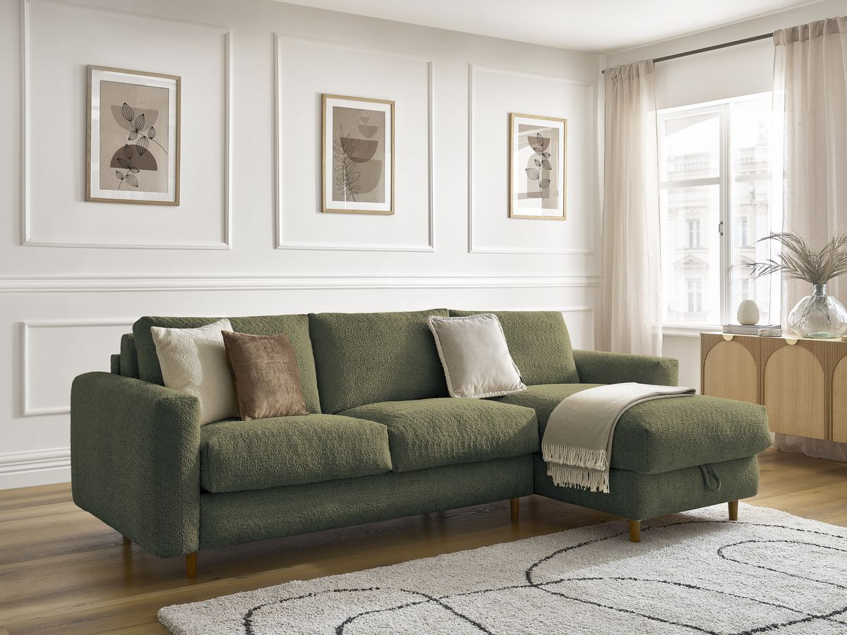 Bobochic Cocoone Ecksofa mit Schlaffunktion und Bettkasten Bouclé-Stoff Grün, Liegefläche 160 × 200 cm