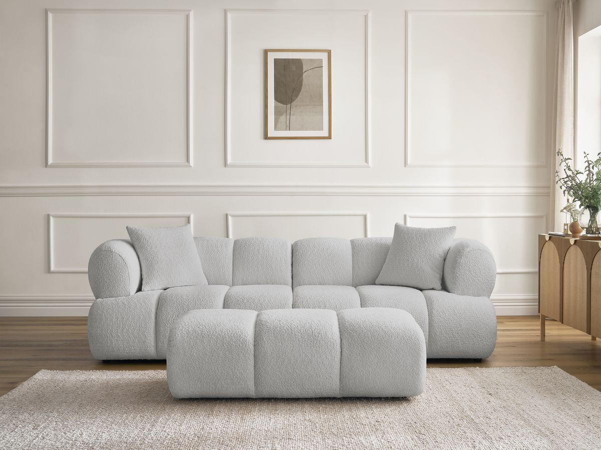 Bobochic Pamira Sofa 3-Sitzer mit Pouf Bouclé-Stoff Hellgrau