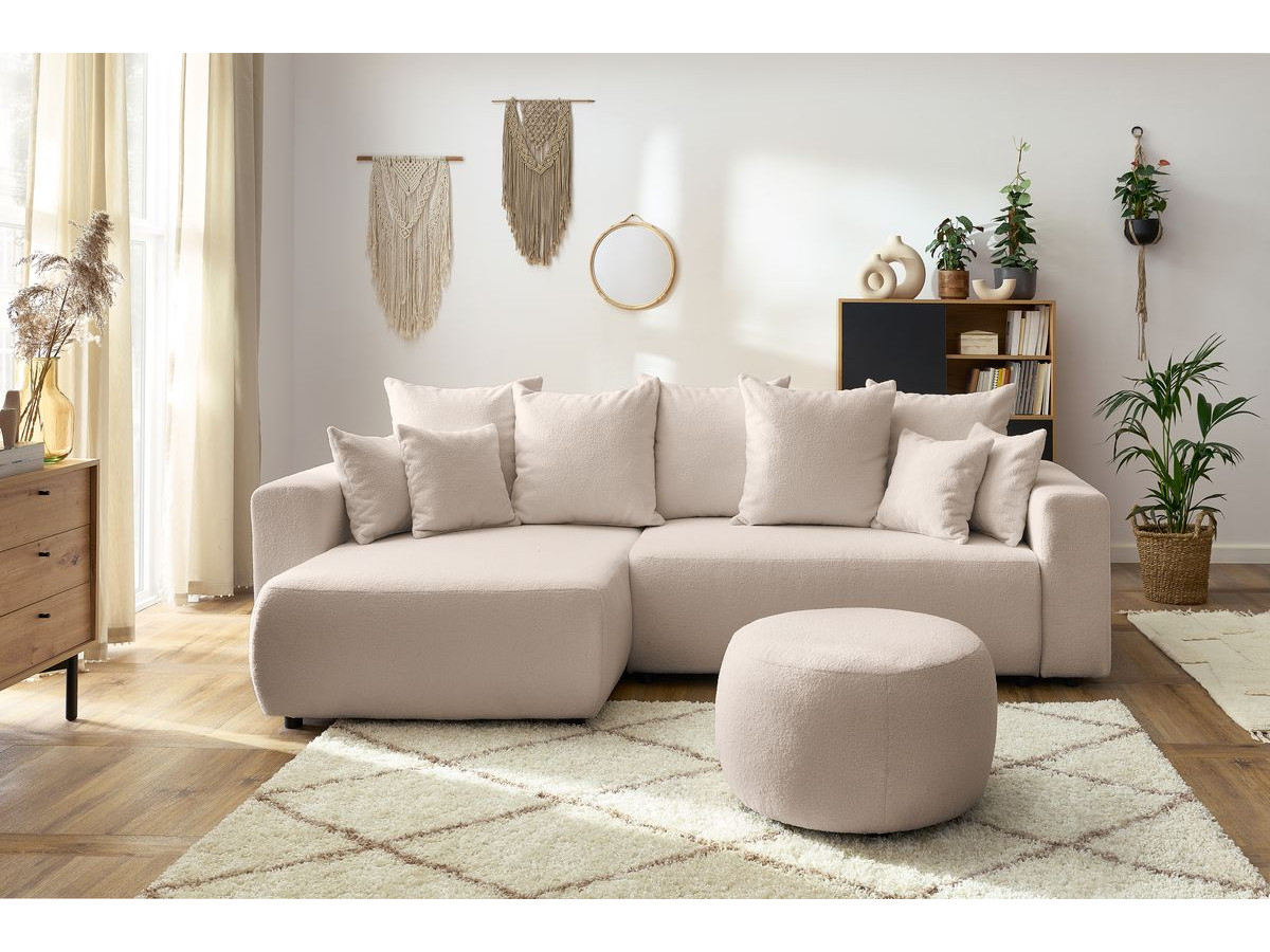 Bobochic Envy Ecksofa mit Schlaffunktion und Bettkasten und rundem Pouf Bouclé-Stoff Beige