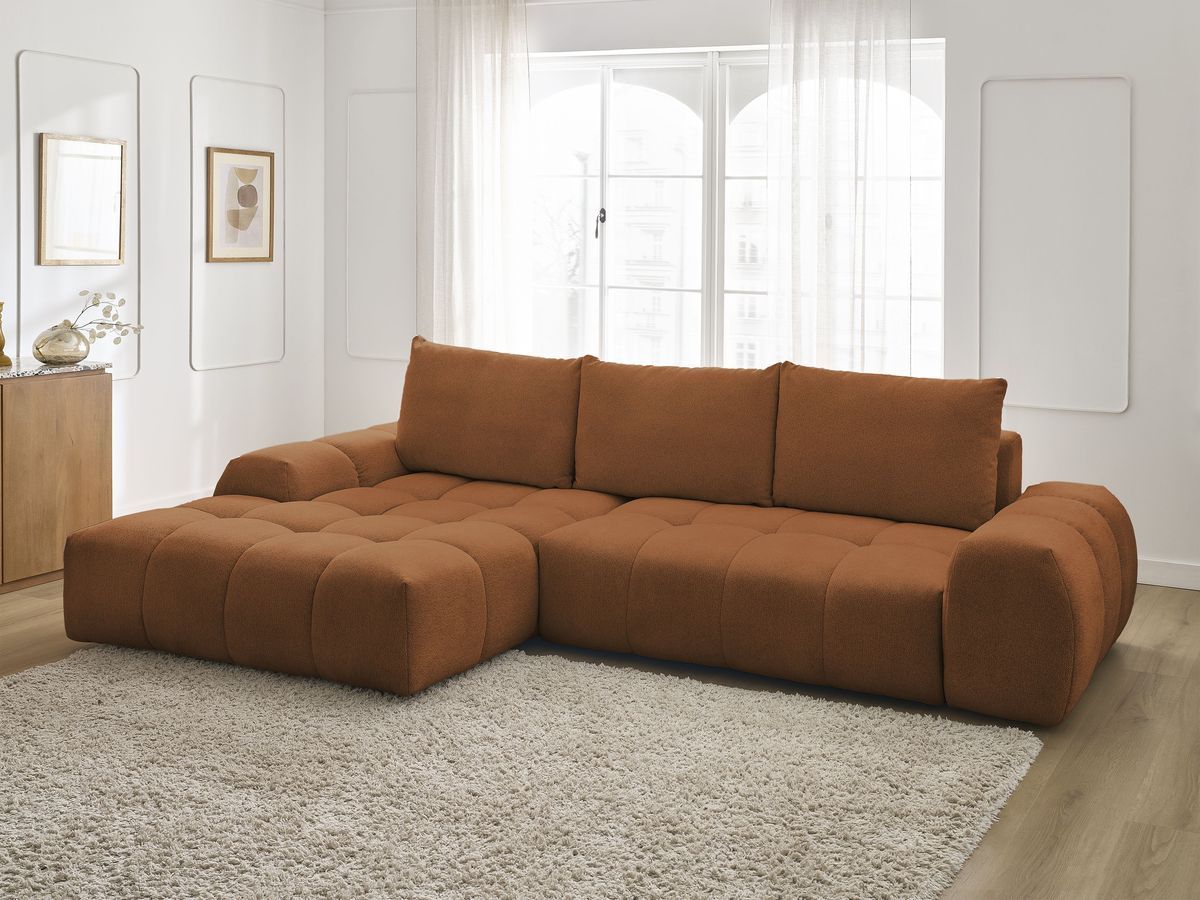 Bobochic Everest Ecksofa mit Schlaffunktion und Bettkasten 318 × 180 cm, 3 Kissen Melange-Stoff Orange Ecke links