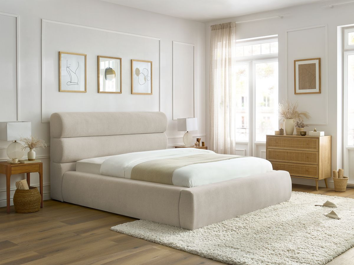 Bobochic Jagna Polsterbett mit Bettkasten Stoff Beige, Liegefläche 140 × 190 cm