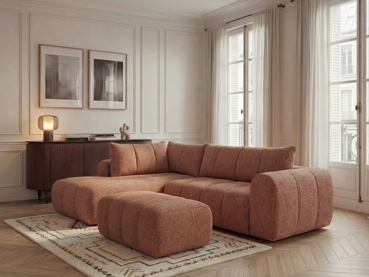 Bobochic Nesty Ecksofa in L-Form, 256 cm, mit Pouf Melange-Stoff Orange Ecke links