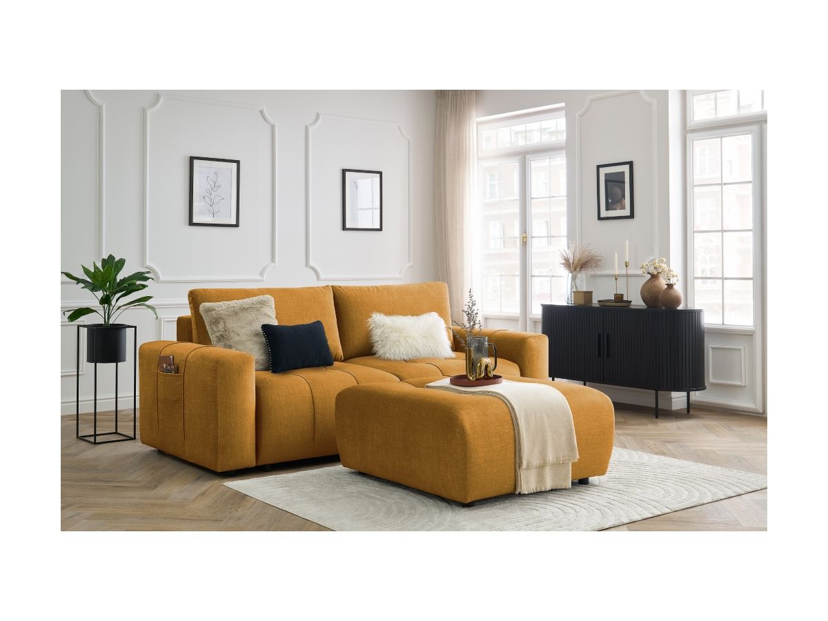 Bobochic Arsene Schlafsofa 4-Sitzer mit Bettkasten und Pouf Samt Gelb