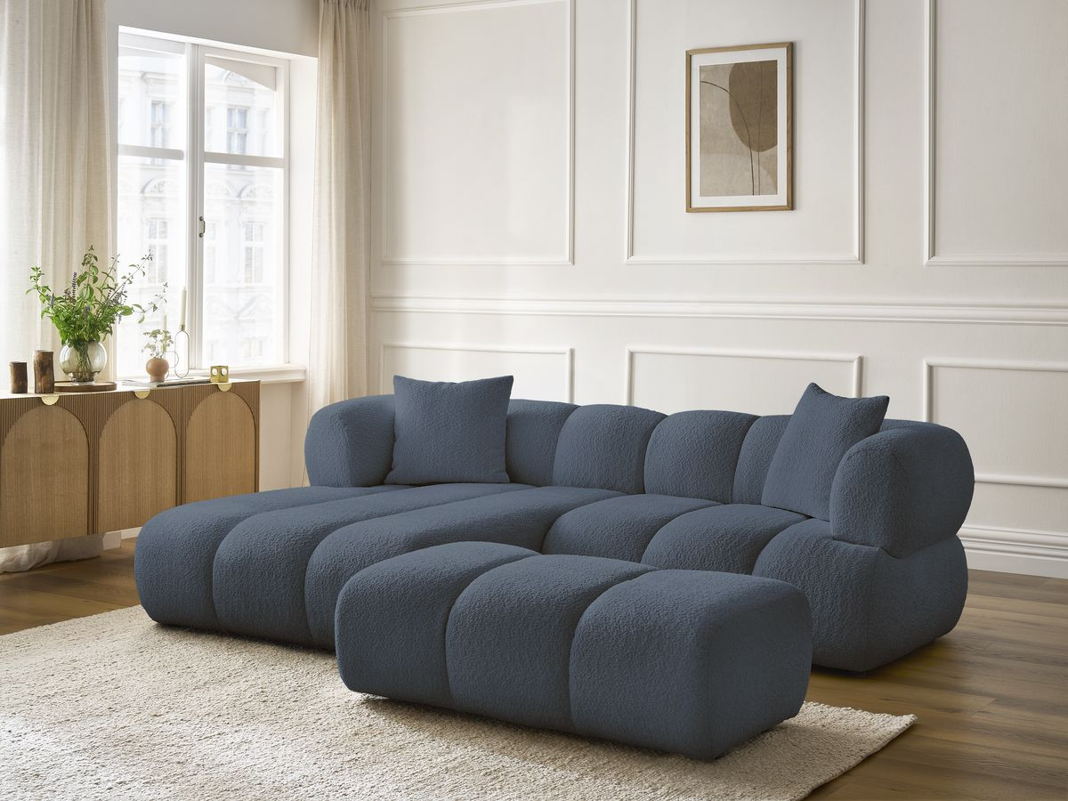 Bobochic Pamira Ecksofa mit Pouf Bouclé-Stoff Dunkelblau Ecke links