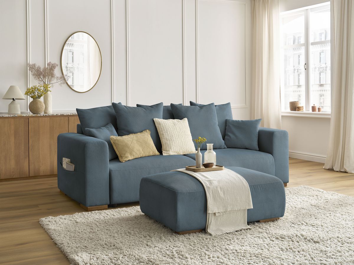 Bobochic Sidonie Schlafsofa 4-Sitzer mit Bettkasten und Pouf Cordsamt Dunkelblau