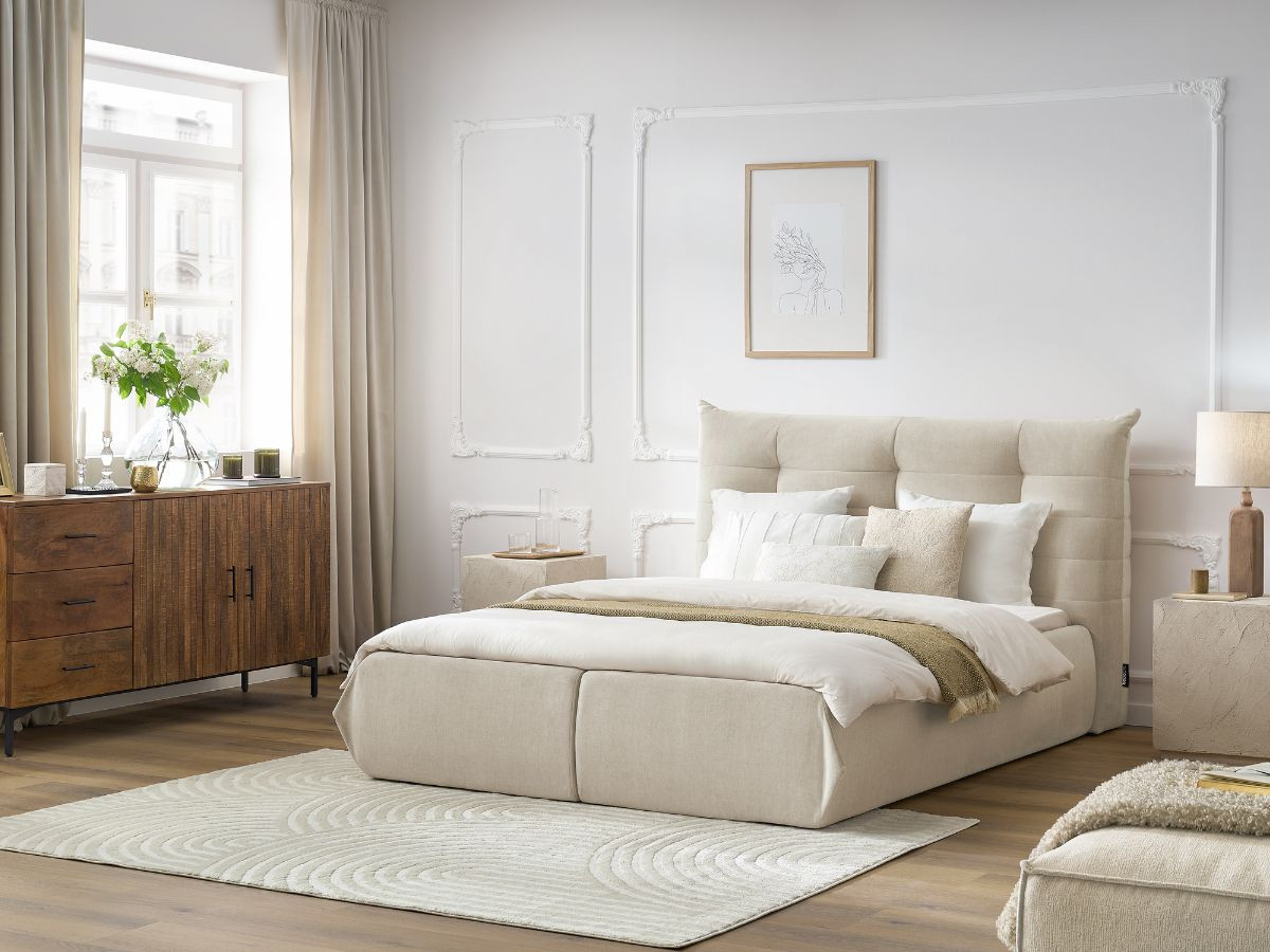 Bobochic Clothilde Polsterbett mit Bettkasten Samt Beige, Liegefläche 140 × 190 cm