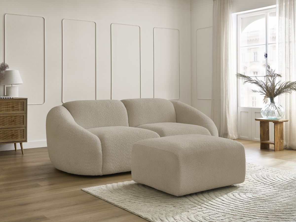 Bobochic Tina Sofa 3-Sitzer mit Pouf Bouclé-Stoff Beige