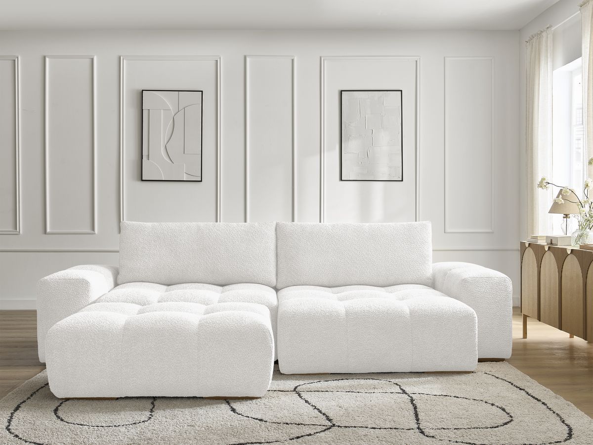 Bobochic Anakin Ecksofa mit Pouf, 2 Kissen Bouclé-Stoff Weiß