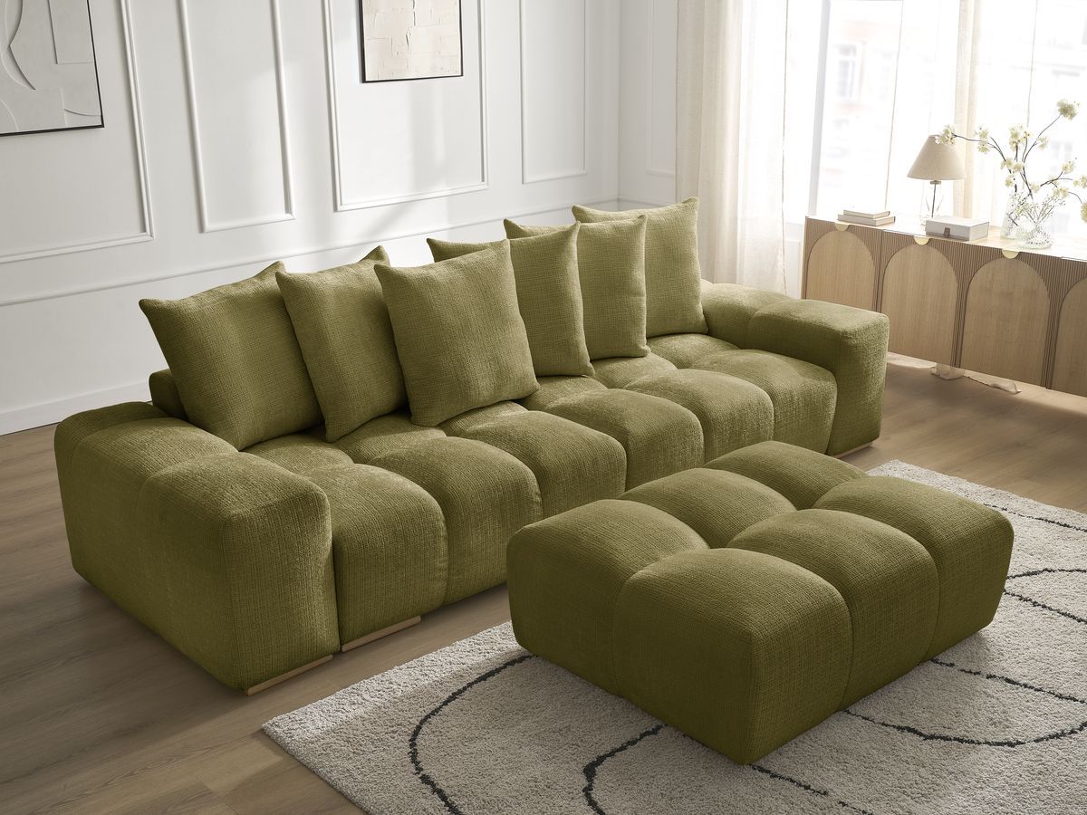 Bobochic Anakin Sofa 3-Sitzer mit Pouf, 6 Kissen Strukturstoff Grün
