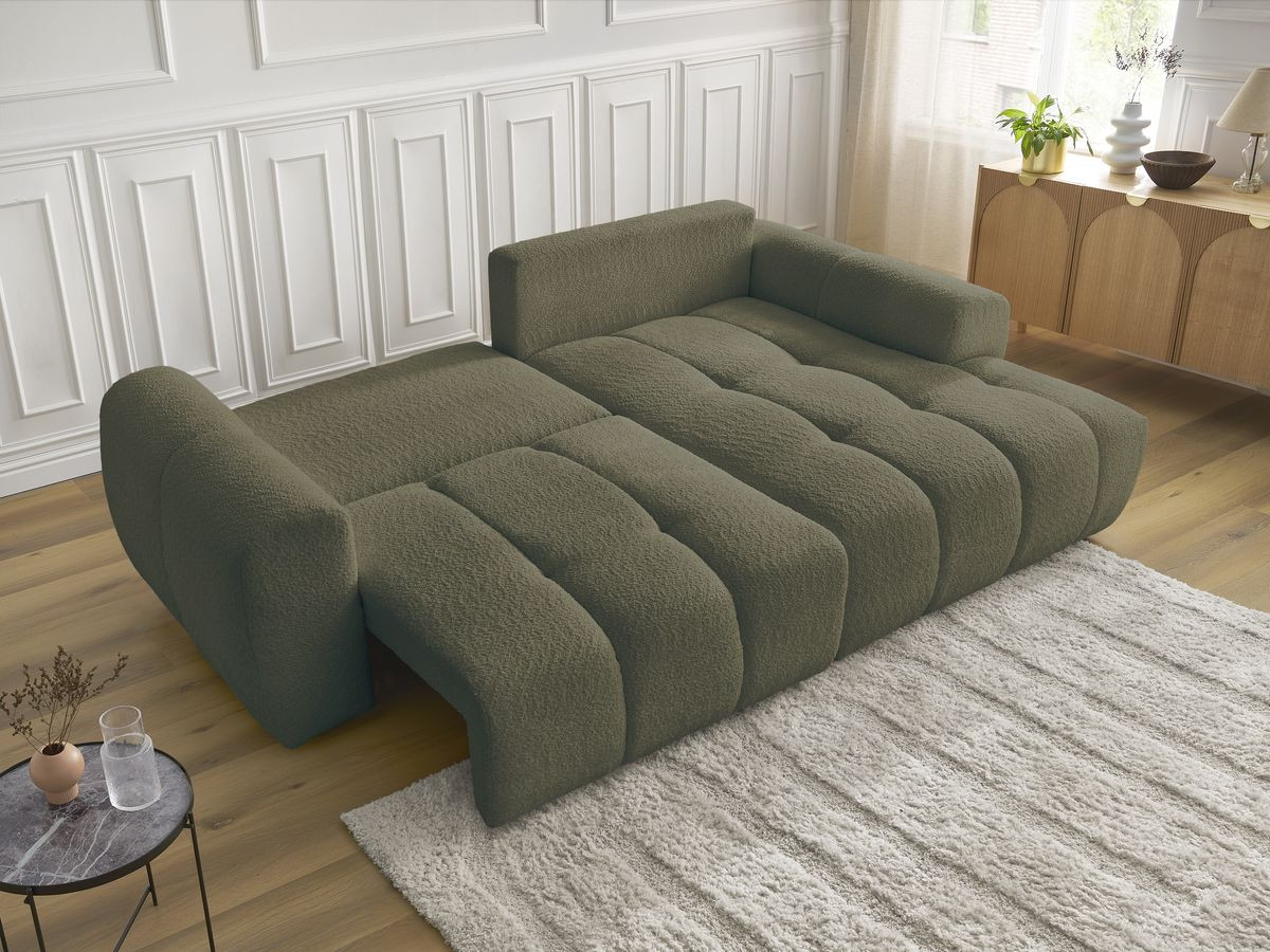 Bobochic Roxelane Ecksofa mit Schlaffunktion und Bettkasten 258 × 150 cm Bouclé-Stoff Grün Ecke rechts