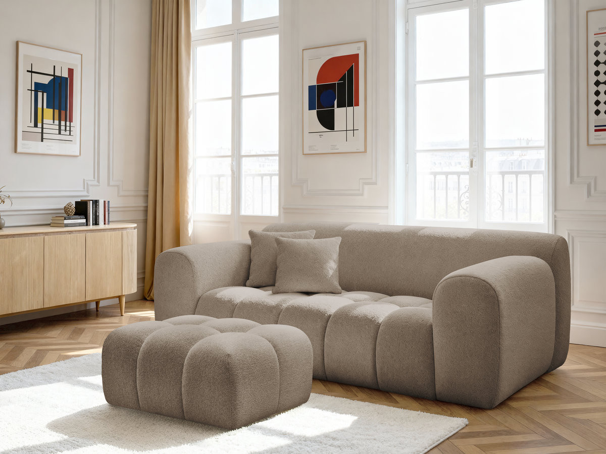 Bobochic Melisse Sofa 2-Sitzer mit Pouf Melange-Stoff Taupe