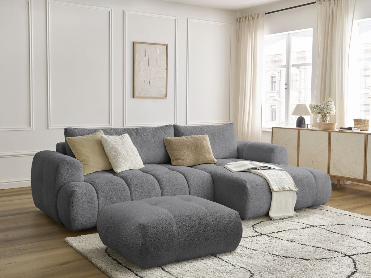 Bobochic Fuji Ecksofa mit Schlaffunktion und Bettkasten und Pouf 292 × 160 cm Bouclé-Stoff Dunkelgrau Ecke rechts