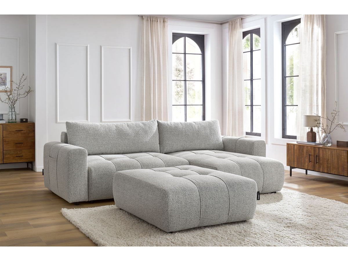 Bobochic Arsene Ecksofa mit Schlaffunktion und Bettkasten und Pouf 288 × 148 cm Melange-Stoff Hellgrau