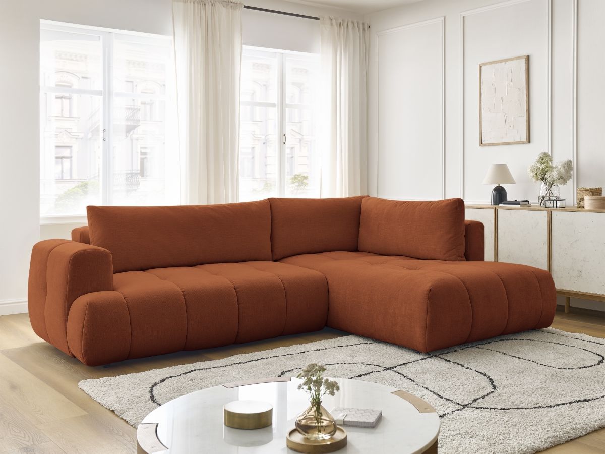 Bobochic Fuji Ecksofa mit Schlaffunktion und Bettkasten 282 × 204 cm Stoff Orange Ecke rechts