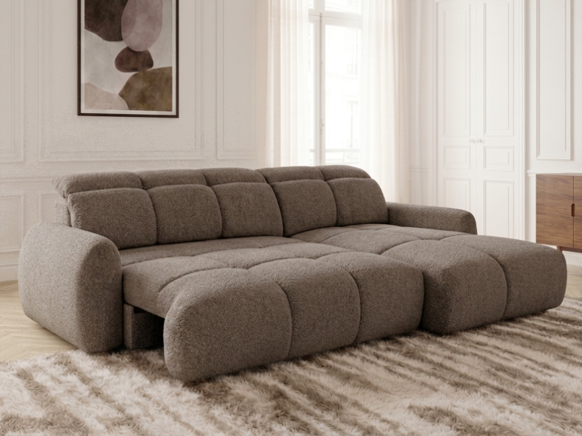 Bobochic Ruby Ecksofa mit Schlaffunktion und Bettkasten Chenille Braun Ecke rechts