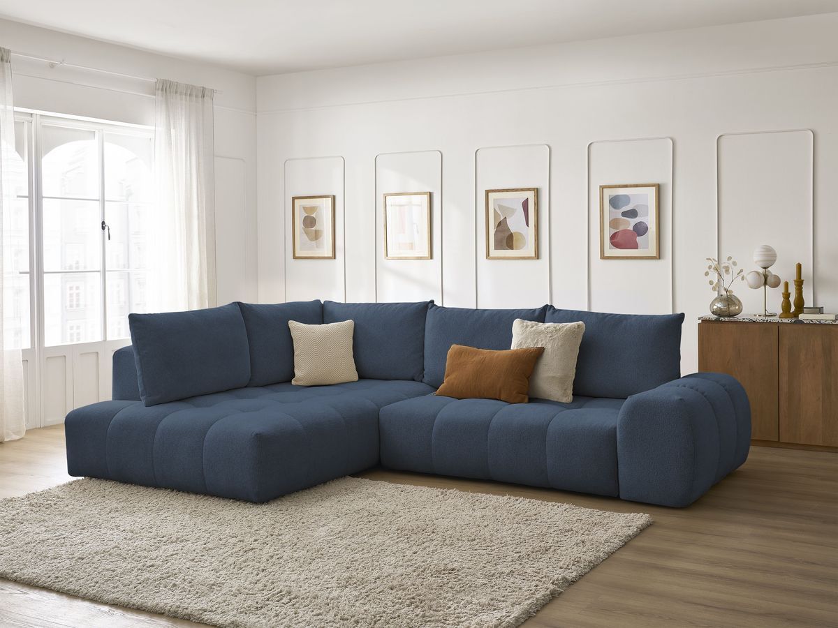 Bobochic Everest Ecksofa mit Schlaffunktion und Bettkasten 320 × 212 cm, 5 Kissen Melange-Stoff Dunkelblau Ecke links