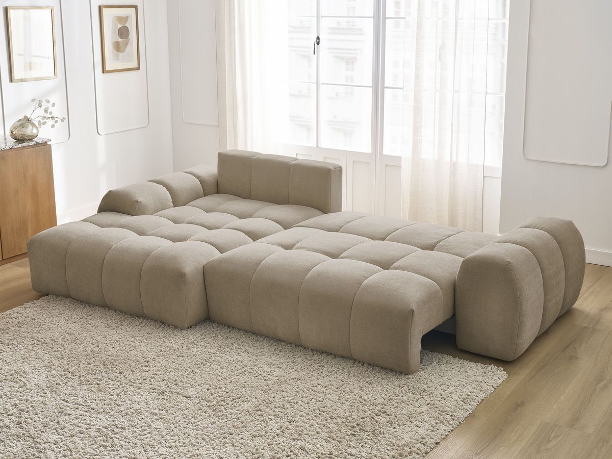 Bobochic Everest Ecksofa mit Schlaffunktion und Bettkasten 318 × 180 cm, 7 Kissen Strukturstoff Taupe Ecke links