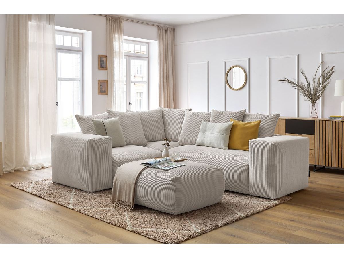 Bobochic Voltaire Ecksofa mit Pouf 268 × 214 cm Cordsamt Beige Ecke links