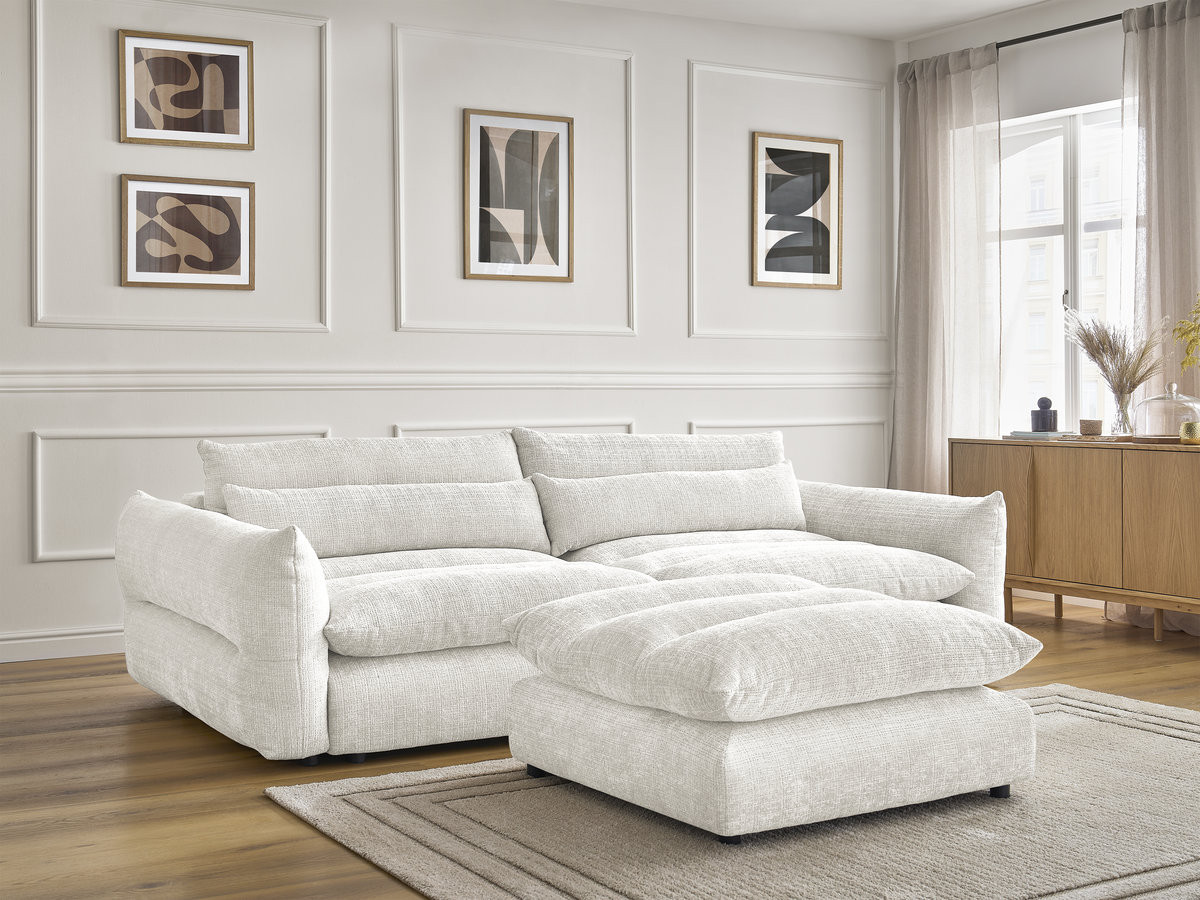 Bobochic Neil Sofa 3-Sitzer mit Pouf Strukturstoff Weiß
