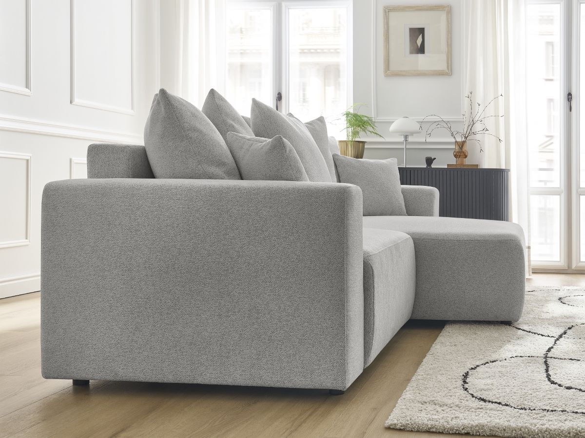 Bobochic Atilla Ecksofa mit Schlaffunktion und Bettkasten Melange-Stoff Hellgrau Ecke rechts