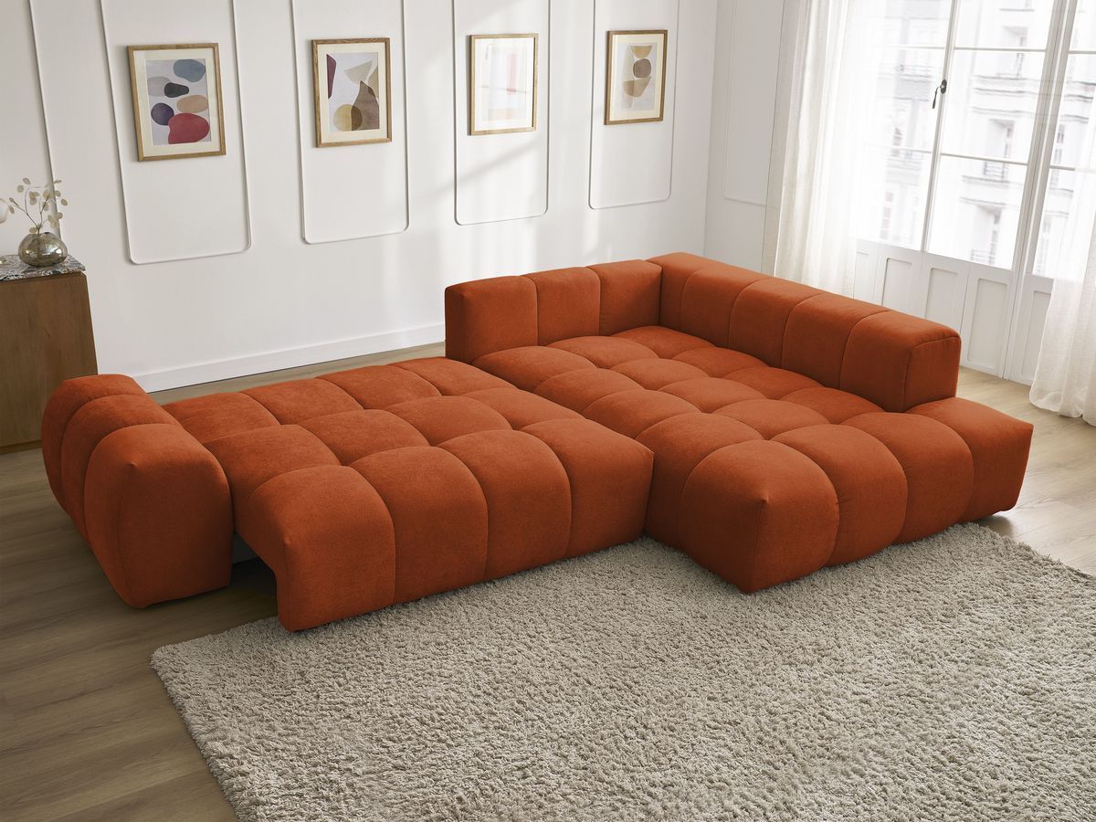 Bobochic Everest Ecksofa mit Schlaffunktion und Bettkasten 320 × 212 cm, 10 Kissen Strukturstoff Orange Ecke rechts