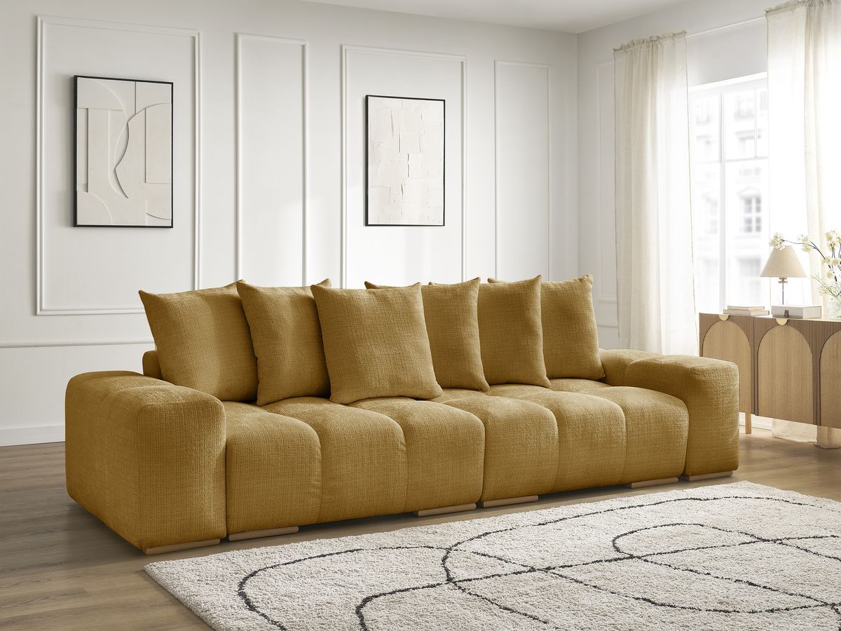 Bobochic Anakin Schlafsofa 3-Sitzer mit Bettkasten, 6 Kissen Strukturstoff Gelb
