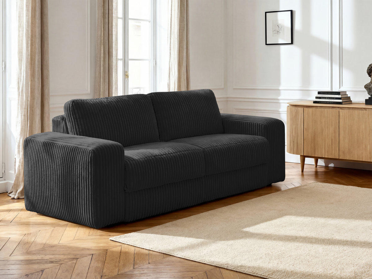 Bobochic Ibiza Schlafsofa 3-Sitzer Cordsamt Schwarz, Liegefläche 140 × 196 cm