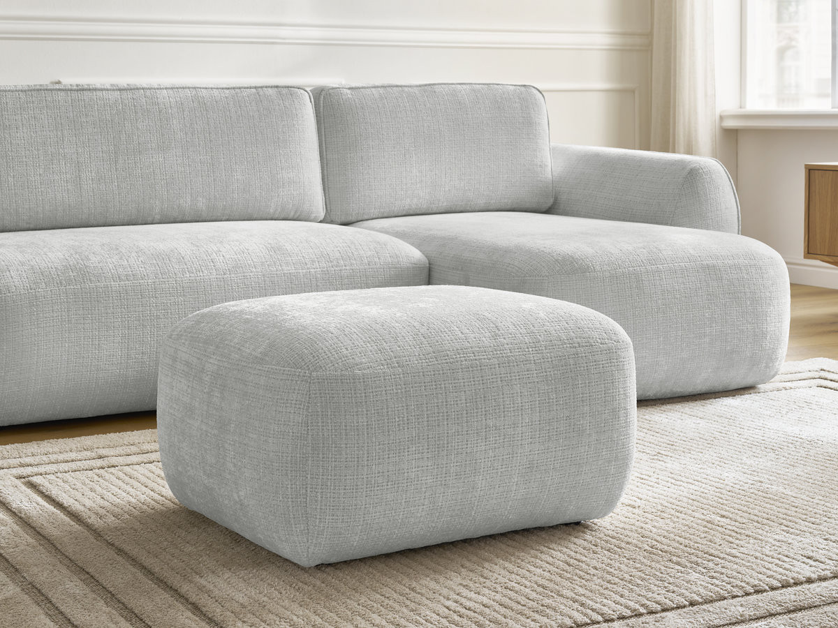 Bobochic Denise Ecksofa mit Schlaffunktion und Bettkasten und Pouf 258 × 160 cm Strukturstoff Hellgrau Ecke rechts