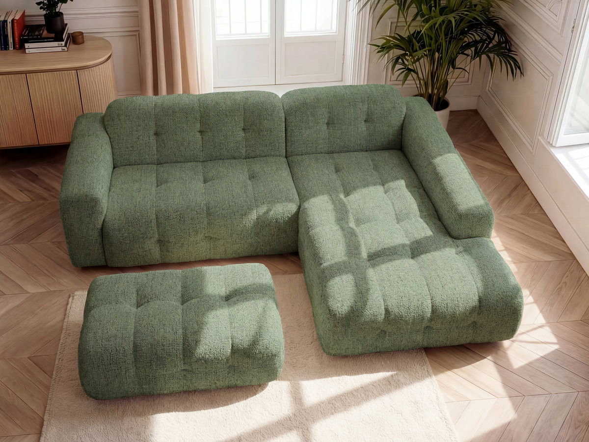 Bobochic Laura Ecksofa mit großem Pouf Melange-Stoff Hellgrün Ecke rechts