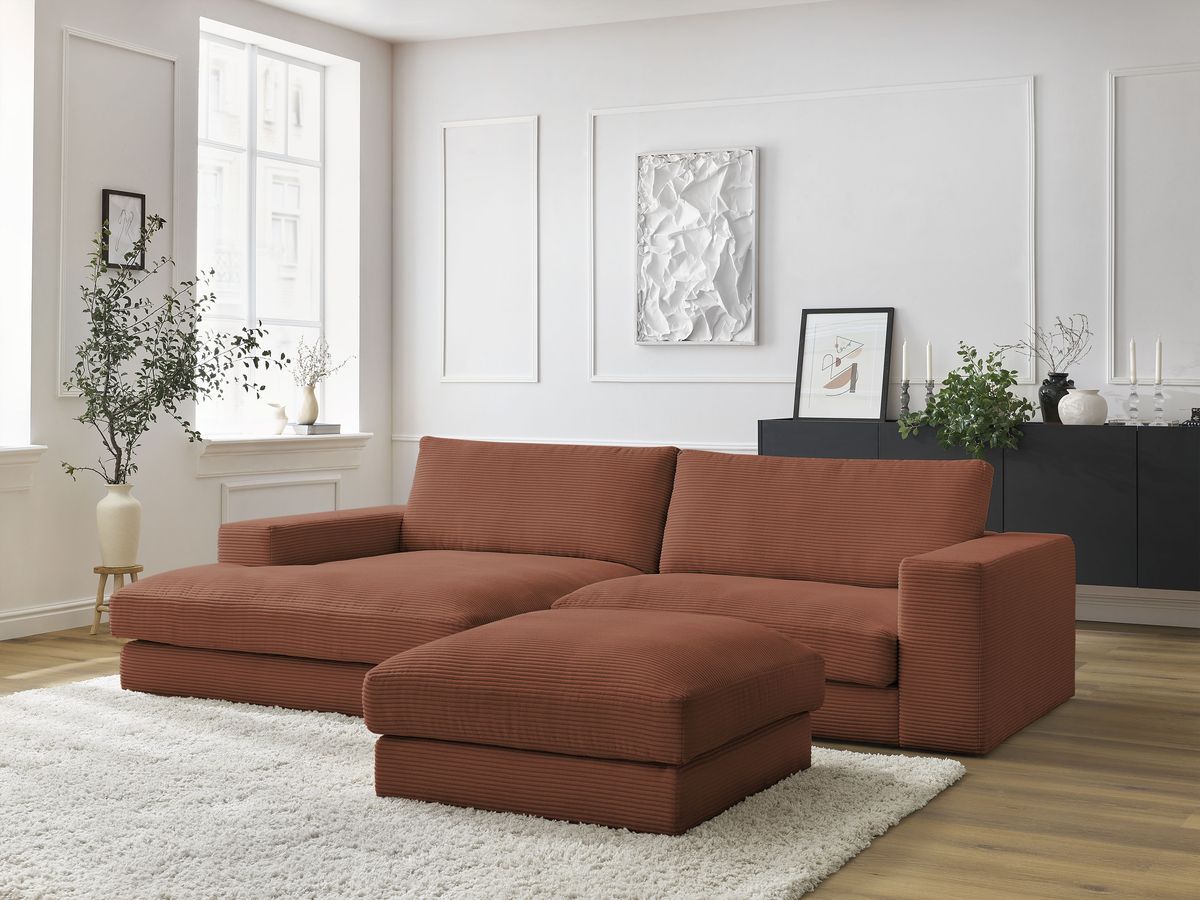 Bobochic Leonard Ecksofa mit Pouf 234 × 159 cm Cordsamt Orange Ecke links