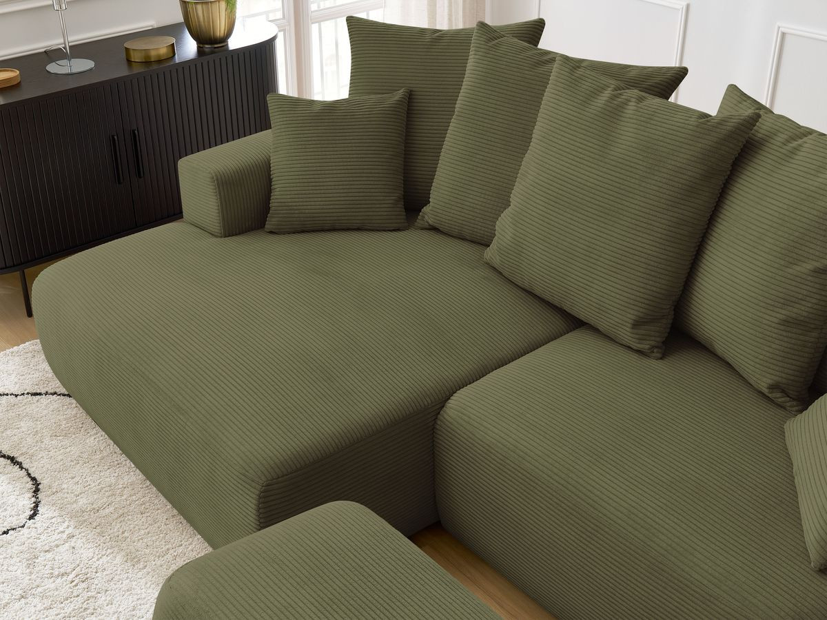Bobochic Atilla Ecksofa mit Schlaffunktion und Bettkasten und Pouf Cordsamt Hellgrün Ecke links