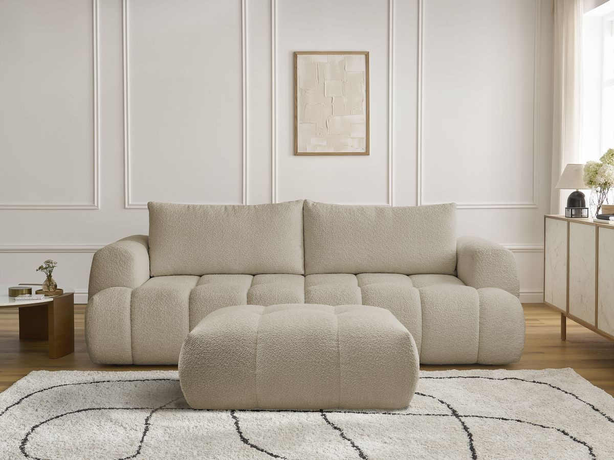 Bobochic Fuji Schlafsofa 3-Sitzer mit Bettkasten und Pouf Bouclé-Stoff Beige