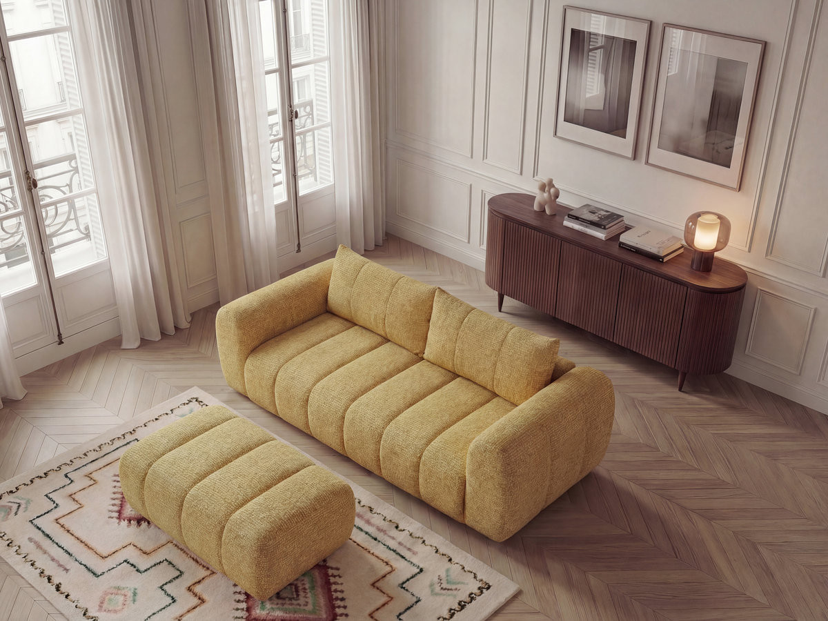 Bobochic Nesty Sofa 3-Sitzer mit Pouf Melange-Stoff Gelb