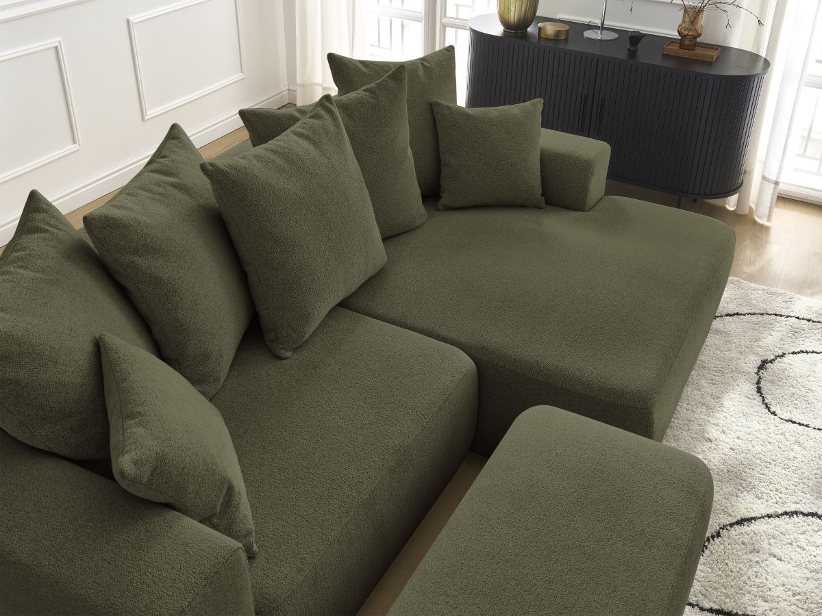 Bobochic Atilla Ecksofa mit Schlaffunktion und Bettkasten und Pouf Melange-Stoff Grün Ecke rechts