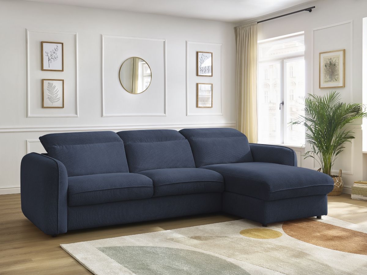 Bobochic Achille Ecksofa mit Schlaffunktion und Bettkasten Melange-Stoff Dunkelblau, Liegefläche 160 × 200 cm