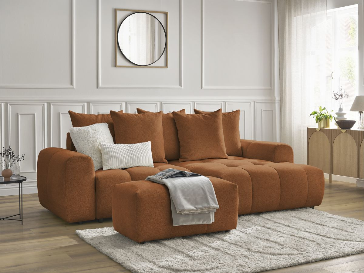 Bobochic Roxelane Ecksofa mit Schlaffunktion und Bettkasten und Pouf 258 × 150 cm Melange-Stoff Orange Ecke rechts