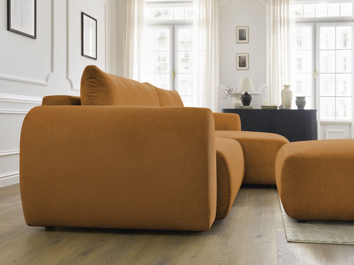 Bobochic Lucien Ecksofa mit Schlaffunktion und Bettkasten und Pouf 314 × 167 cm Stoff Gelb Ecke rechts