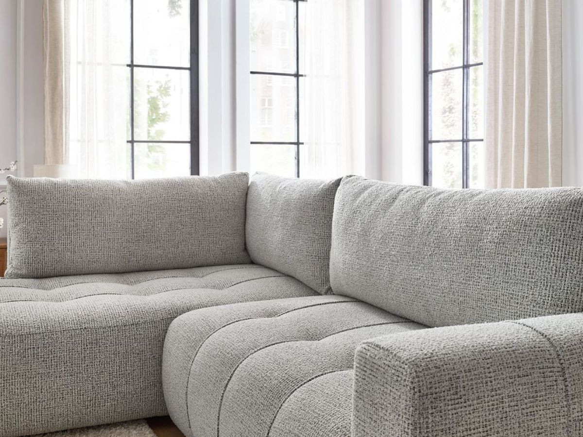 Bobochic Arsene Ecksofa mit Schlaffunktion und Bettkasten 277 × 200 cm Melange-Stoff Hellgrau Ecke links