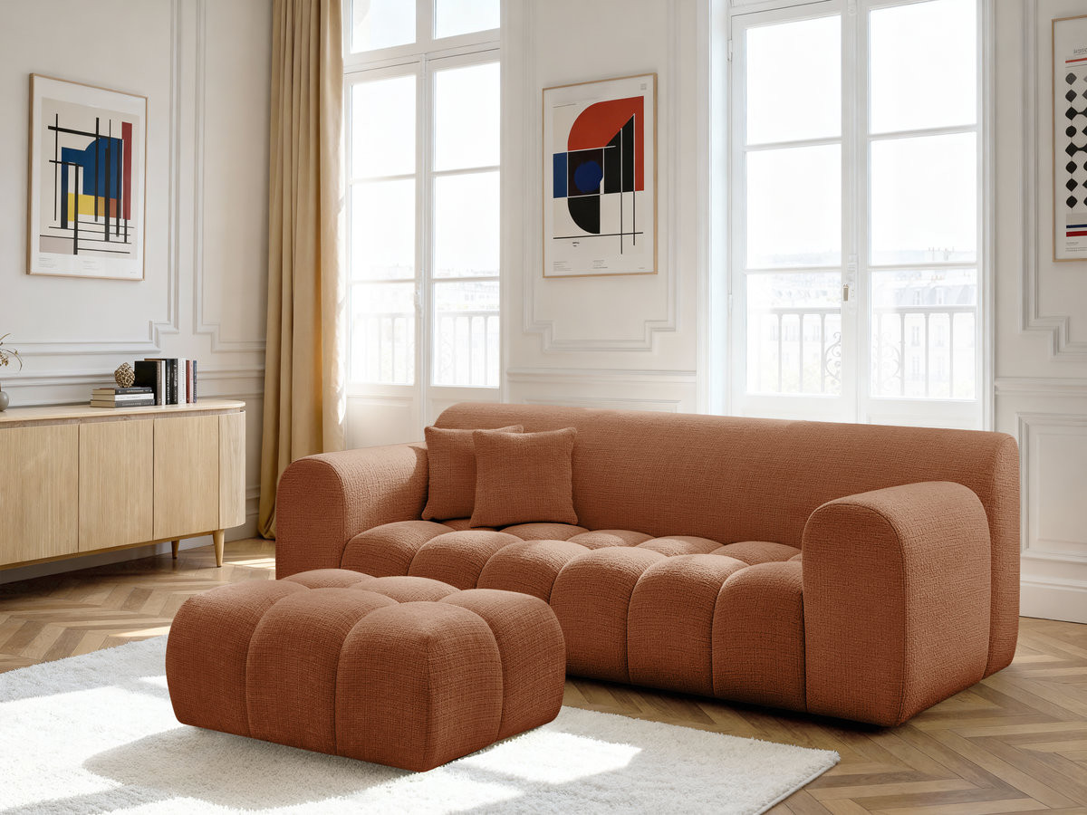 Bobochic Melisse Sofa 3-Sitzer mit Pouf Strukturstoff Orange